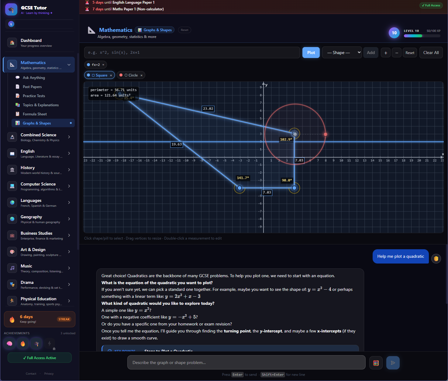 The Mathematics screen with an interactive graph, plotted shapes and measured angles